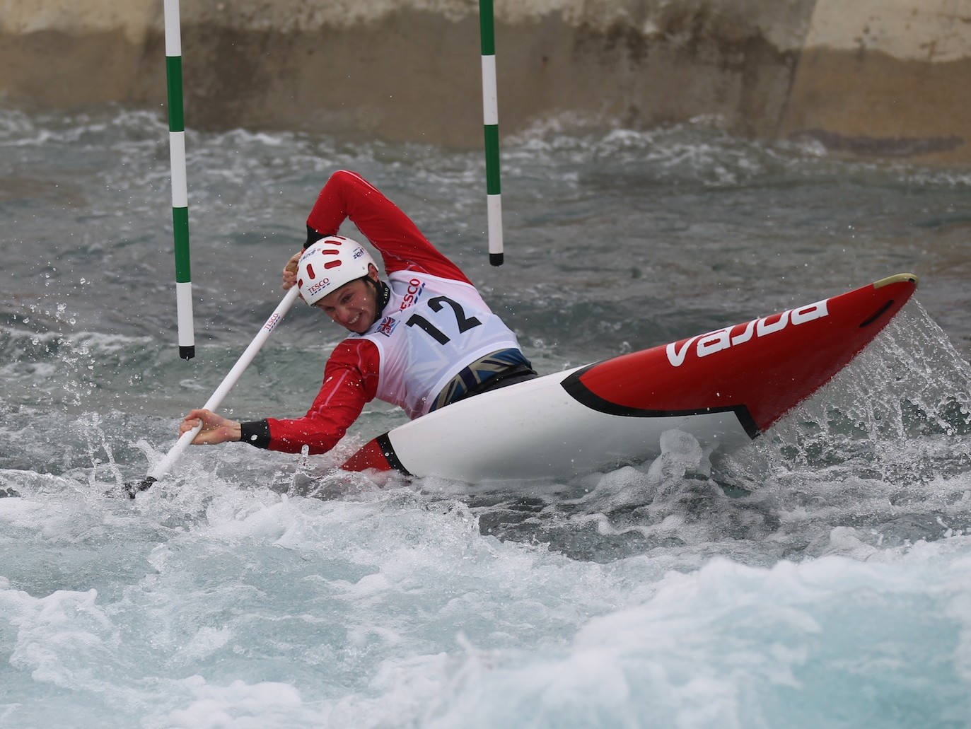 Mark Proctor, on the Lee Valley Whitewater course, sinking the back of 